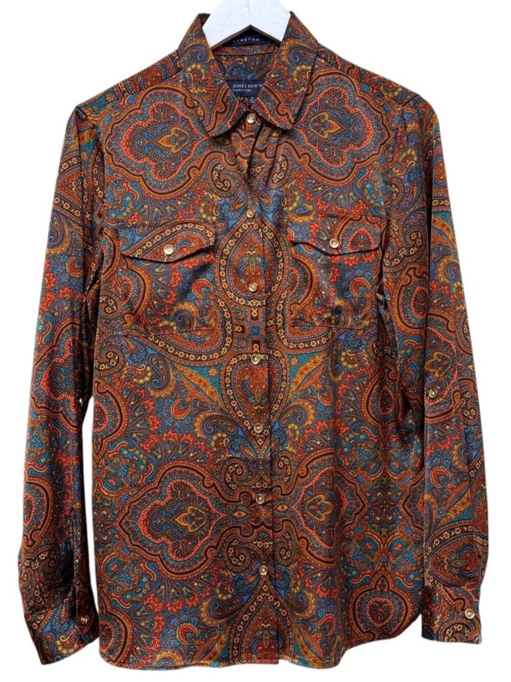 JONES New York Satin Paisley Blouse Size Medium Red Button Up Womens Top